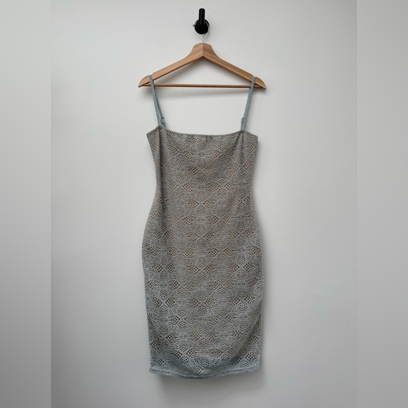 SNDYS Lace Bodycon Midi Dress Blue Grey | Strappy Slip Dress - Picture 2 of 14